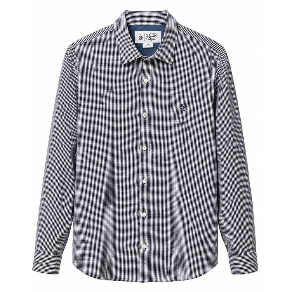 Original Penguin Men's Large Gingham Button Down Shirt Navy White Long Sleeve